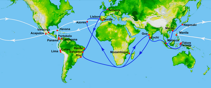 The Manila-Acapulco trade route started in 1568 and Spanish treasure fleets (white) and its eastwards rivals, the Portuguese India Armadas routes of 1498–1640 (blue)