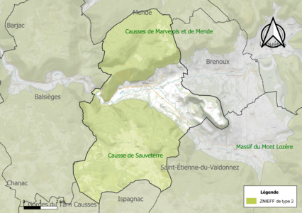 Carte des ZNIEFF de type 2 sur la commune.