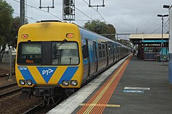 Comeng 587M awaits to commence a Frankston via Southern Cross-Flinders Street service at Werribee station Platform 1.