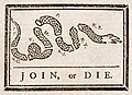 Join, or Die. a 1754 political cartoon by Benjamin Franklin