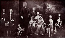 Black and white reproduction of a painting of John and Catherine Blackburne and seven of their children