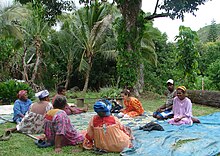 Isabelle Bril with collaborators during a work session preparing a Zuanga (Yuanga) dictionary at the village of Paimboa, New Caledonia in 2010. Speakers of the language are sitting in a circle. Isabelle Bril, in an orange dress, looks at a computer screen.