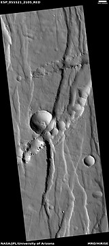 Troughs (Fossae), as seen by HiRISE under HiWish program. Trough seems to have cut away part of a crater.