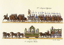 Défilé du jubilé de 1835, avec tout d'abord un groupe d'hommes à cheval divisé en 2, les premiers jouant de la trompette, les seconds portant des drapeaux. Au-dessous on voit deux attelages