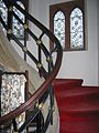 Simple wrought iron balustrade, and typical Waterhouse window glass, staircase, Girton College