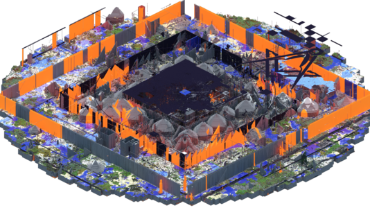 A render of 2b2t's spawn region as of June 2019, providing an alternative side view in an isometric projection of the render in the History section.