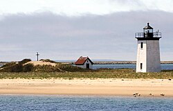 Long Point Light and remains of a Civil War artillery battery. Also shown is the Darby cross erected by the Beachcombers club.