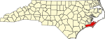 Mapa de Carolina del Norte con la ubicación del condado de Carteret