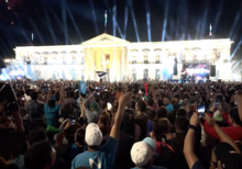A crowd of Nayib Bukele's supporters gathered in front of the National Palace awaiting for Bukele give a speech following his victory in the 2024 presidential election.