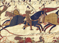 A scene from the Bayeux Tapestry depicting Odo, Bishop of Bayeux, rallying Duke William's troops during the Battle of Hastings in 1066