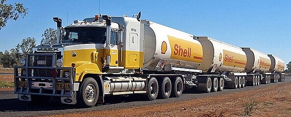A Mack Titan road train tanker truck with four semi-trailers in Australia