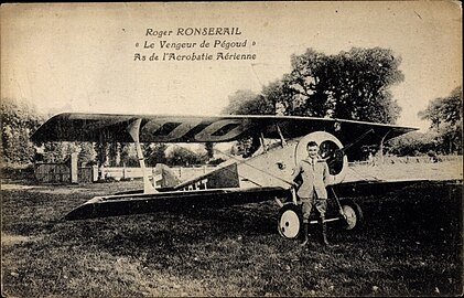 Carte postale Roger Ronserail, Le Vengeur de Pégoud, As de l'Acrobatie Aérienne.