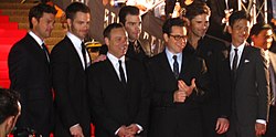 Some of the cast and crew of Star Trek attending the world premiere in Sydney, Australia. From left: Karl Urban, Chris Pine, Bryan Burk, Zachary Quinto, J. J. Abrams, Eric Bana, and John Cho