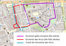 Tracés d'enceintes anciennes reportés sur le plan moderne d'une ville