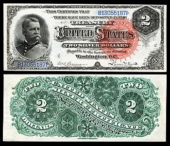 Two-dollar silver certificate from the series of 1886, by the Bureau of Engraving and Printing