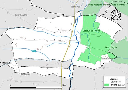 Carte des ZNIEFF de type 1 sur la commune.