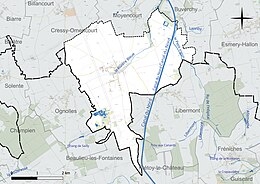 Carte en couleur présentant le réseau hydrographique de la commune