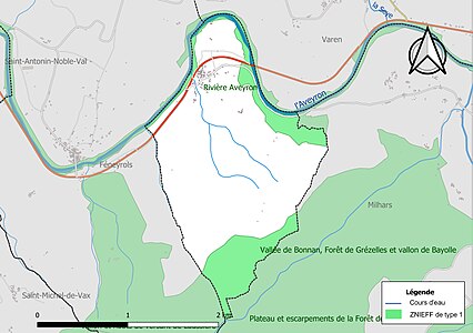 Carte des ZNIEFF de type 1 sur la commune.