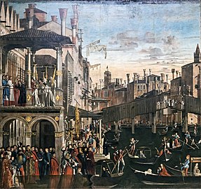 Le Miracle de la relique de la Croix au pont du Rialto (encore en bois), Carpaccio, vers 1496 (Gallerie dell'Accademia de Venise).