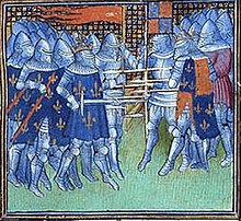 a contemporary image of French and English knights confronting each other on foot