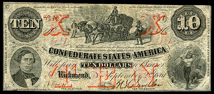 Ten Confederate States dollar (T23), by Leggett, Keatinge & Ball