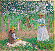 Claude Monet, 1887, In the Woods at Giverny, Blanche Hoschedé Monet at Her Easel with Suzanne Hoschedé Reading, oil on canvas, 91.4 x 97.7 cm, Los Angeles County Museum of Art