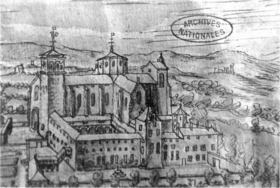 Dessin d'une abbaye avec des champs et des collines derrière