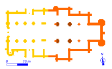 Plan montrant, par un jeu de couleurs, les phases successives de construction d'un édifice.