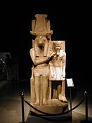 This New Kingdom statue shows pharaoh Amenhotep III with a solar form of Sobek, likely Sobek-Horus. Luxor Museum, Luxor.