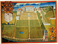 Peinture sur vélin représentant le « Jardin royal des herbes médicinales » en 1636, entre la future rue du Jardin du Roy actuellement rue Geoffroy St-Hilaire, et le canal des Victorins, disparu depuis longtemps.