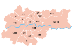 Krakovan kaupunginosat. Nowa Huta merkitty roomalaisin numeroin XVIII oikealla.
