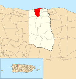 Location of Membrillo within the municipality of Camuy shown in red