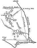 Line drawing of the location of villages and paths, map shows the Minnesota River (then called St Peter), the Mississippi, Minnehaha Creek, Saint Anthony Falls, and several lakes