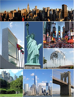 پاد ساعت‌گرد از بالا: مرکز منهتن، ساختمان سازمان ملل متحد، مجسمه آزادی، پل بروکلین، پارک مرکزی نیویورک، میدان تایمز، و یونیسفر در کویینز.