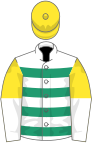 White, emerald green hoops, yellow and white halved sleeves, yellow cap