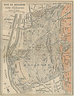 Carte du bois de Boulogne entre 1905 et 1921. Au milieu à droite, le domaine de la Muette jouxte le jardin du Ranelagh.