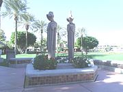 The Frank Lloyd Wright "Sprites" are statues that were made in 1914 and adorned the Midway Gardens in Chicago. After World War II, the "Sprites" were in a state of abandonment and in pieces. They were restored and became part of the adornment of the Arizona Biltmore Hotel gardens in 1985.