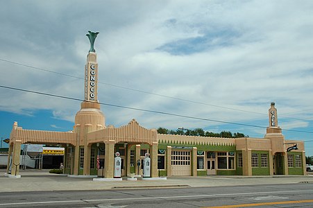 The U-Drop Inn, a roadside gas station and diner on U.S. Highway 66 in Shamrock, Texas (1936)