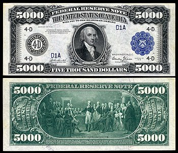Five-thousand-dollar Federal Reserve Note from the series of 1918 at Large denominations of United States currency, by the Bureau of Engraving and Printing