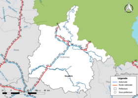 Carte du réseau routier national (autoroutes et routes nationales) dans le département des Ardennes