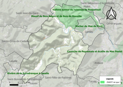 Carte des ZNIEFF de type 1 sur la commune.