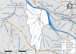 Carte en couleur présentant le réseau hydrographique de la commune