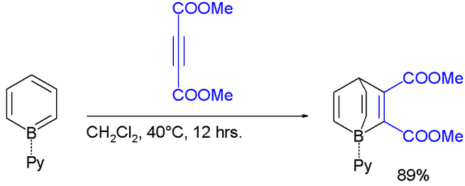 Synthèse de borabarrélène par une réaction de Diels-Alder sur un adduit borabenzène-pyridine.