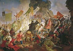 Siege of Pskov, painting by Karl Brullov, depicts the siege from the Russian perspective – terrified running Poles and Lithuanians, and heroic Russian defenders under the Orthodox Christian religious banners.