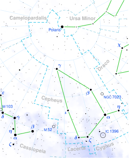 Delta Cephei se ligging (in die rooi sirkel).