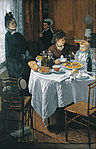 The Luncheon, 1868, Städel, which features Camille Doncieux and Jean Monet, was rejected by the Paris Salon of 1870 but included in the first Impressionists' exhibition in 1874.[57]