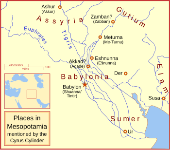 Map showing various places in Mesopotamia mentioned by the Cyrus Cylinder.