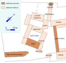 Plan légendé en couleurs des vestiges d'une abbaye.