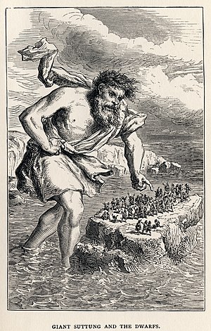 The giant Suttungr threatens some dwarves, in this scene from Norse mythology.