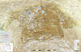 Carte topographique du Pamir avec le chaînon Muskol au centre.